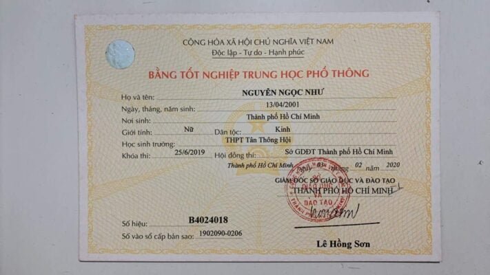 Mẫu bằng cấp 3 trung học phổ thông tphcm 2020