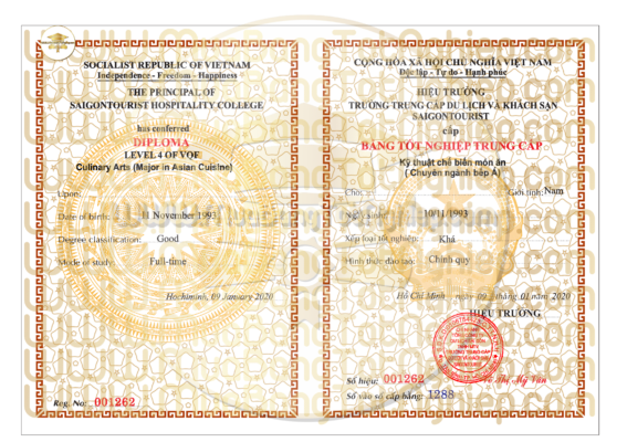 mẫu bằng trung cấp du lịch và khách sạn Saigontourist năm 2020