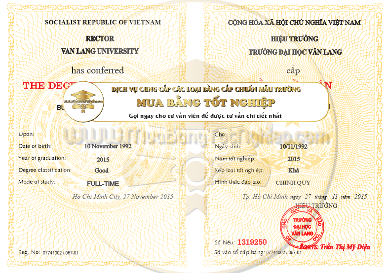 Mẫu bằng Đại học Văn Lang 2015 do dịch vụ mua bằng tốt nghiệp cung cấp cho khách hàng tham khảo