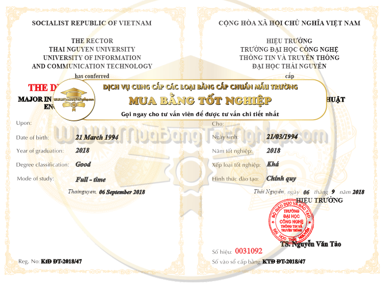 Mẫu bằng Đại Học Công Nghệ Thông Tin và Truyền Thông thuộc Đại Học Thái Nguyên