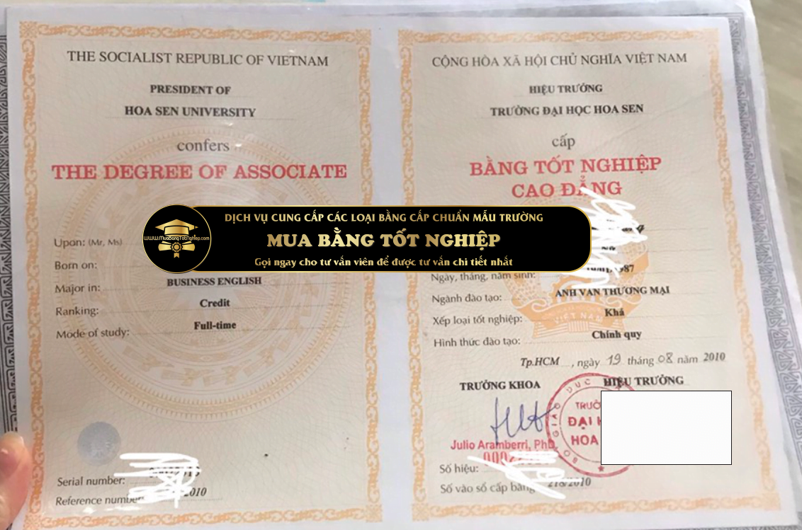 Mẫu bằng hệ cao đẳng trường đại học Hoa Sen năm 2010