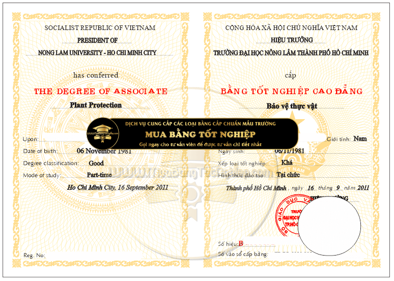 Bằng tốt nghiệp Cao Đẳng trường Đại Học Nông Lâm TpHCM năm 2011