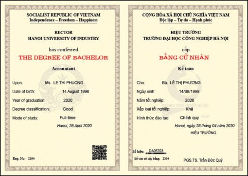 Mẫu bằng đại học Hà Nội 2020, theo đúng quy chuẩn tại trường.