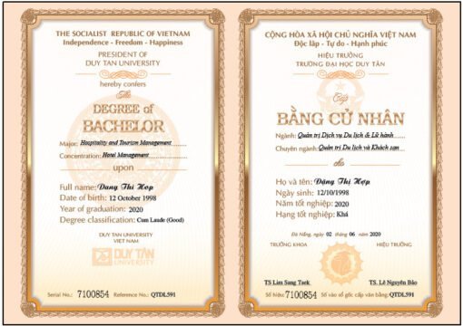 Mẫu bằng Đại học Duy tân 2020, chuẩn mẫu mã và hiệu trưởng trường