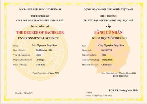 Mẫu bằng đại học khoa học thuộc đại học Huế