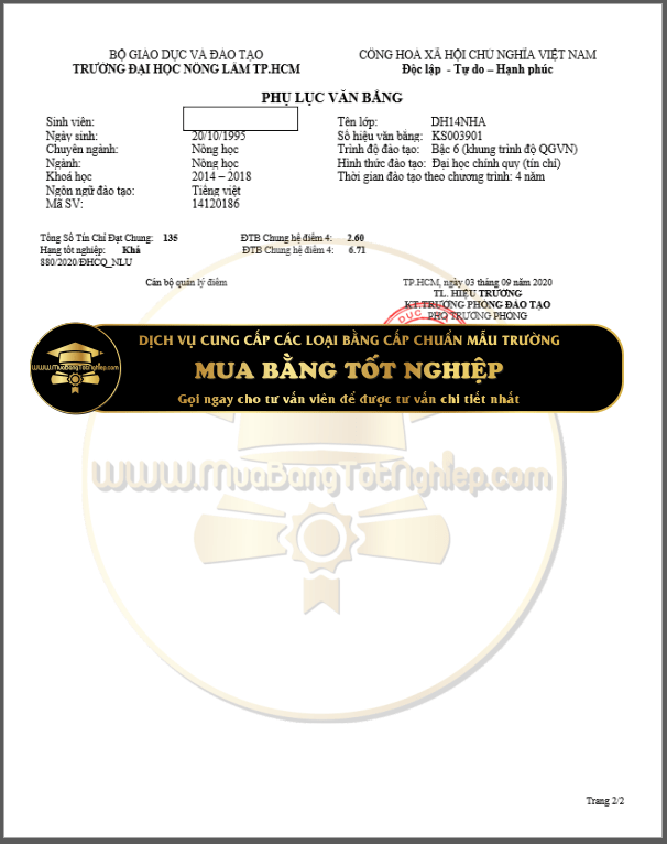 Bảng điểm ngành nông học của bộ tốt nghiệp đại học Nông Lâm Tpchm tờ 2