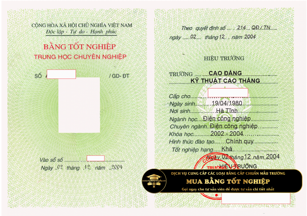 mẫu bàng trung cấp trường cao đẳng Kỹ thuật Cao Thắng năm 2004