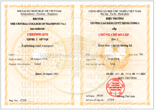 mẫu chứng chỉ sơ cấp khai thác vận tải cho khách hàng tham khảo