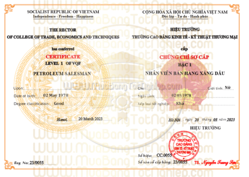 Cần Mua Chứng Chỉ sơ cấp nhân viên bán xăng dầu
