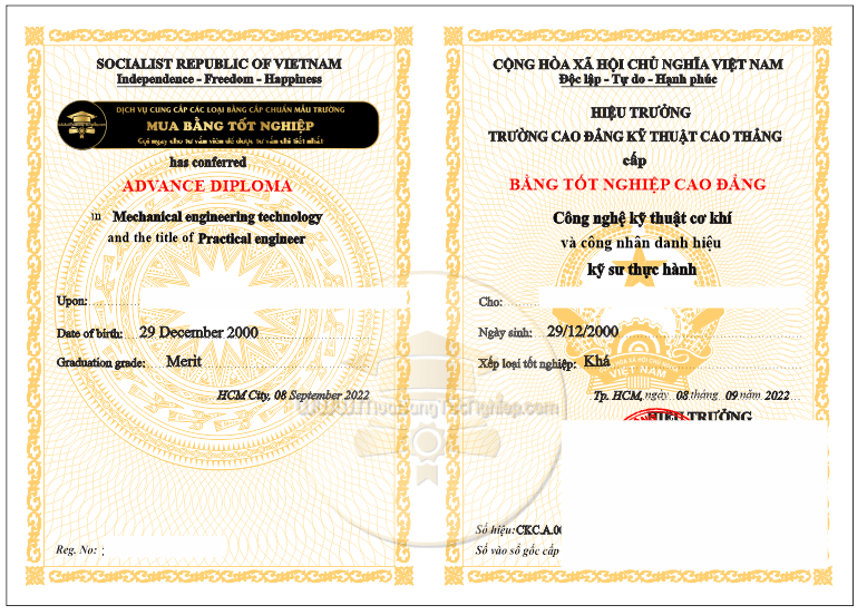 mẫu bằng Cao đẳng Kỹ Thuật Cao Thắng 2023 cho khách hàng cần mua