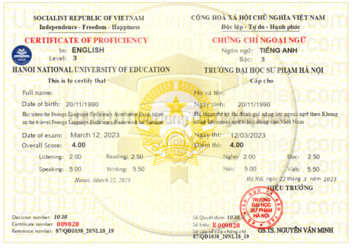 cần mua chứng chỉ ngoại ngữ tiếng anh đại học sư phạm hà nội 2023