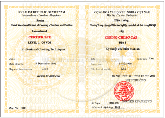 Chứng chỉ sơ cấp kỹ thuật chế biến món ăn chuẩn mẫu