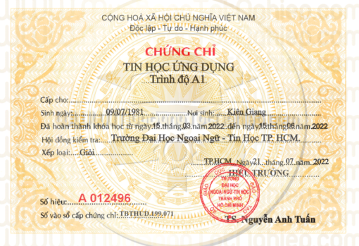chứng chỉ tin học A1 chuẩn theo quy định Sở Giáo Dục
