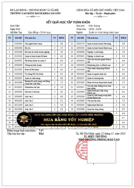 bảng điểm ngành quản trị nhà hàng khách sạn cho khách cần làm mua bằng cao đẳng Bách Khoa Sài Gòn