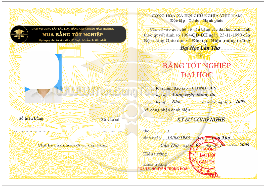 Mẫu bằng đại học Cần Thơ cấp cho sinh viên tốt nghiệp trước những năm 2009