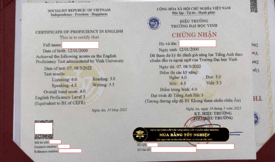 Chứng chỉ Anh văn B1,2,3 trường Đại Học Vinh cấp cho sinh viên tốt nghiệp tại trường