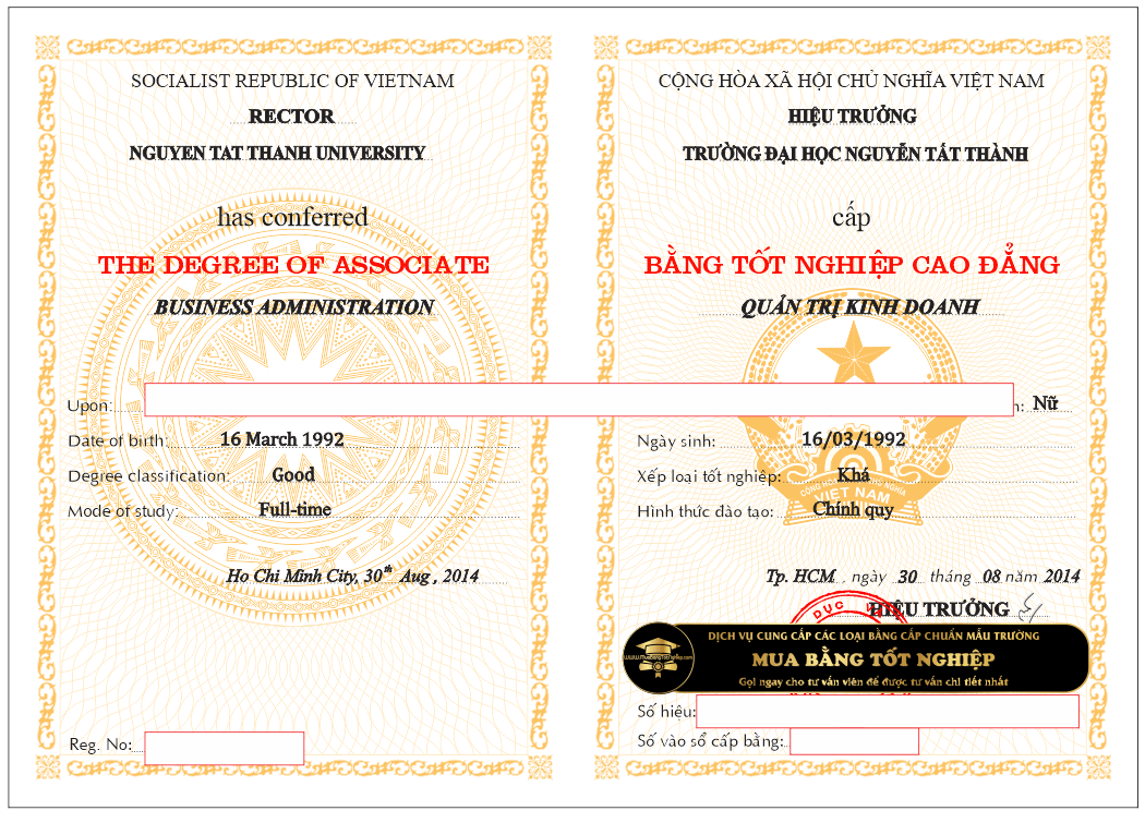 Làm bằng CĐ trường ĐH NTT, Phôi mẫu để khách hàng xem trướca