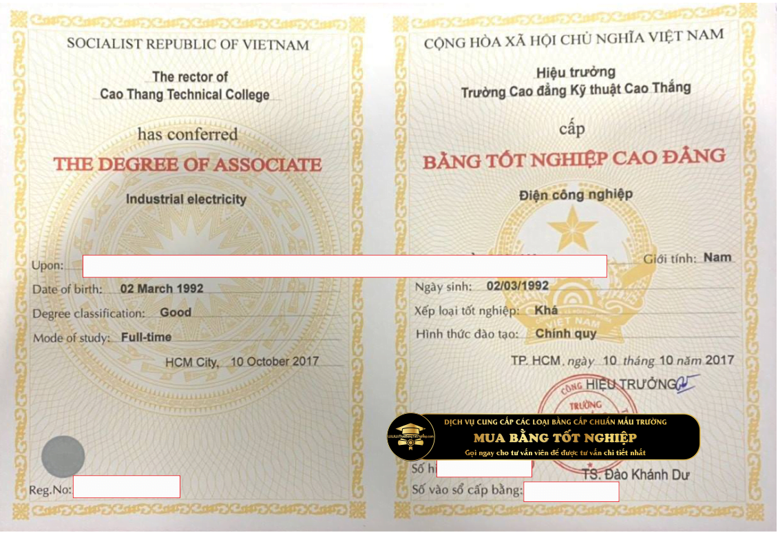 làm bằng CD Kỹ thuật Cao Thắng, mẫu chuẩn tại trường, tem mộc chữ ký hiệu trưởng.