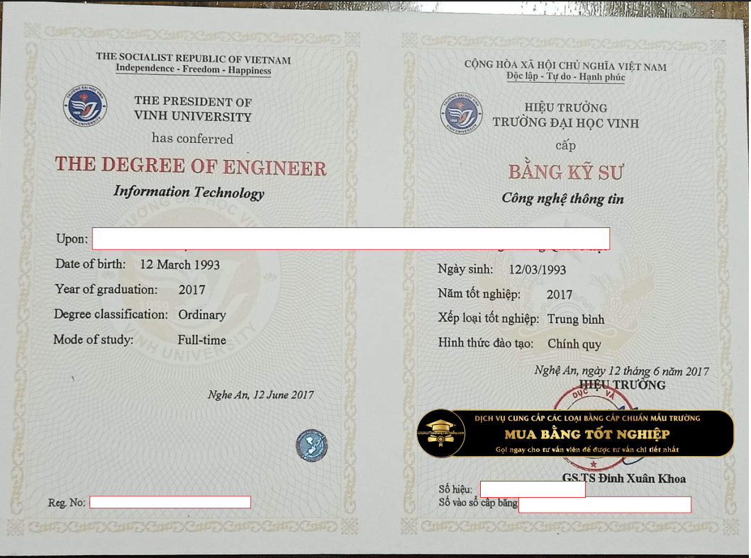 Làm Bằng Đại Học Vinh Chuẩn mẫu từ trường đưa về, khách hàng có thể tham khảo.