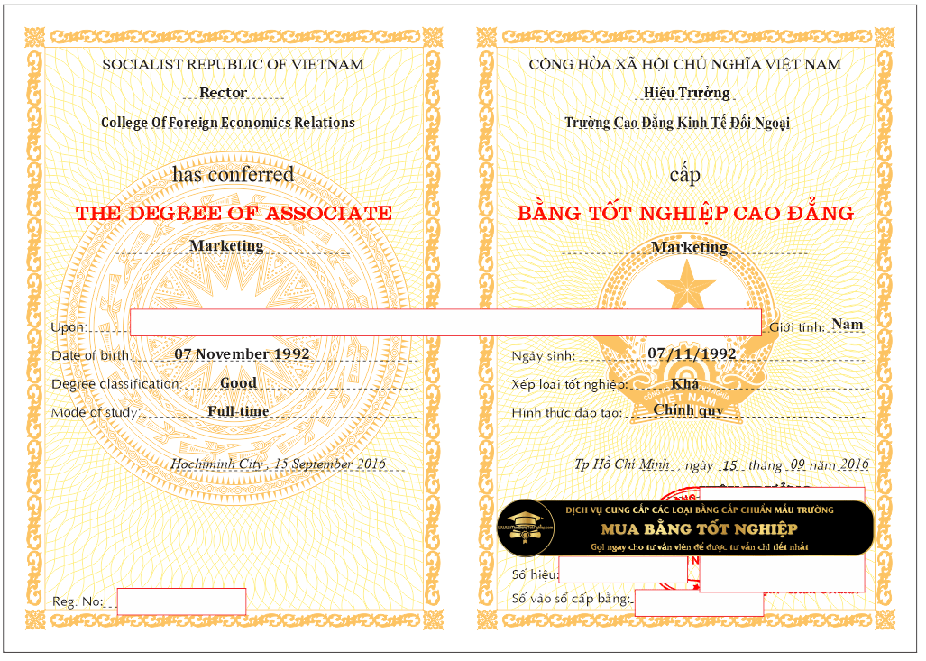 Mẫu bằng chuyên ngành Marketing trường cao đẳng Kinh tế Đối ngoại Tphcm