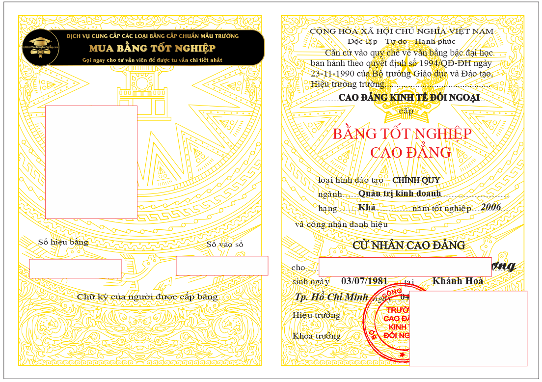 Mẫu bằng cũ trước những năm 2009 của trường cao đẳng Kinh tế Đối ngoại tại TpHCM