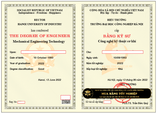 Mẫu bằng đại học công nghiệp Hà Nội năm 2022, có mã QR quét ra ra tên sinh viên tốt nghiệp