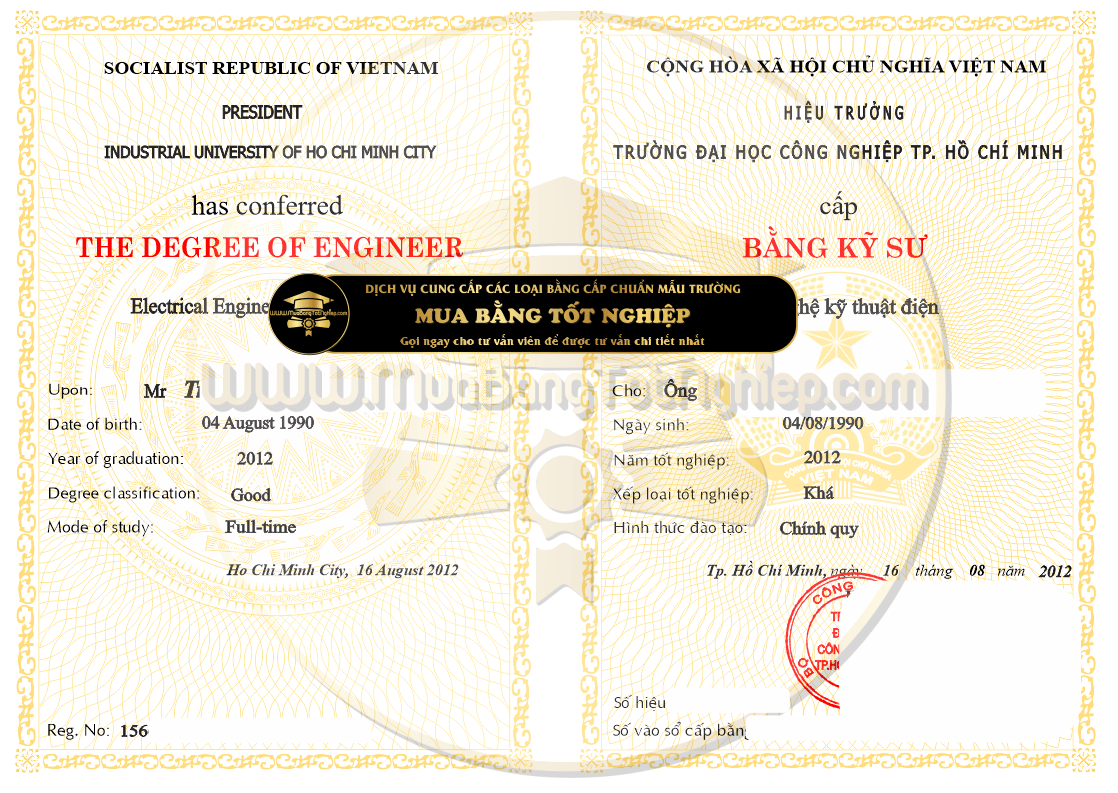 Bằng Tốt Nghiệp ĐH Công Nghiệp TpHCM chức danh Kỹ Sư 2012