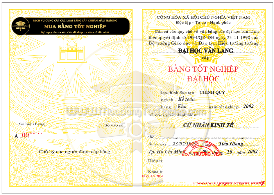 mẫu bằng đại học Văn Lang năm 2002, cho khách cần tham khảo