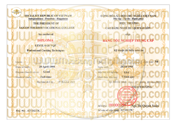 mẫu bằng trung cấp trường cao đẳng nghề du lịch sài gòn