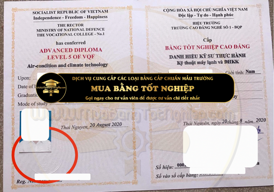 Mẫu bằng Cao Đẳng Nghề số 1 của Bộ Quốc Phòng năm 2020 cho khách hàng cần mua bằng cao đẳng nghề tham khảo