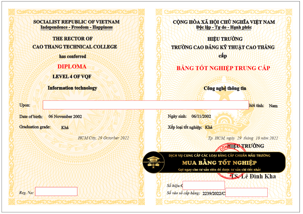 Mua băng trung cấp trường cao đẳng Kỹ thuật Cao Thắng, chuẩn mẫu phôi bằng tại trường.
