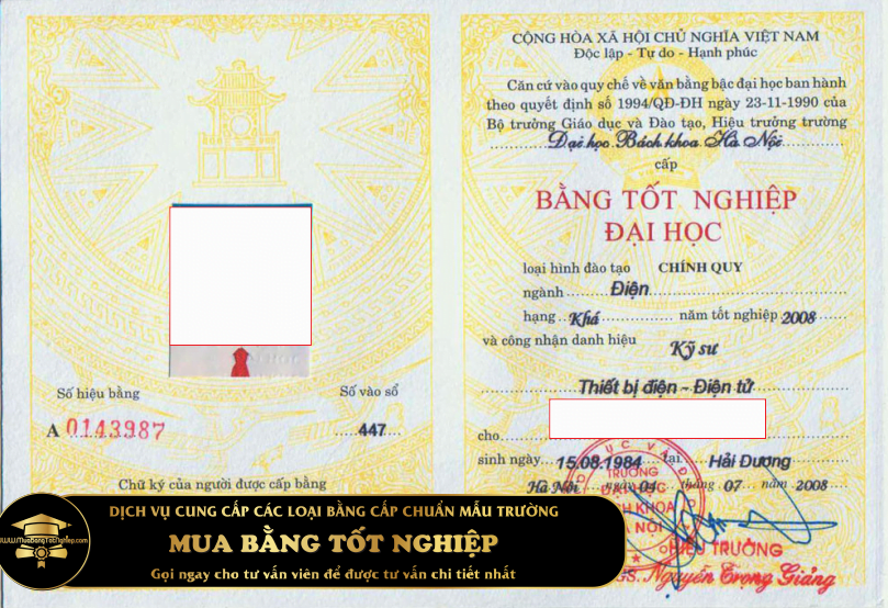 Bằng Đại học Bách khoa Hà Nội mẫu bằng của trường vào năm 2008, bang tot nghiệp chuyên ngành điện điện tử