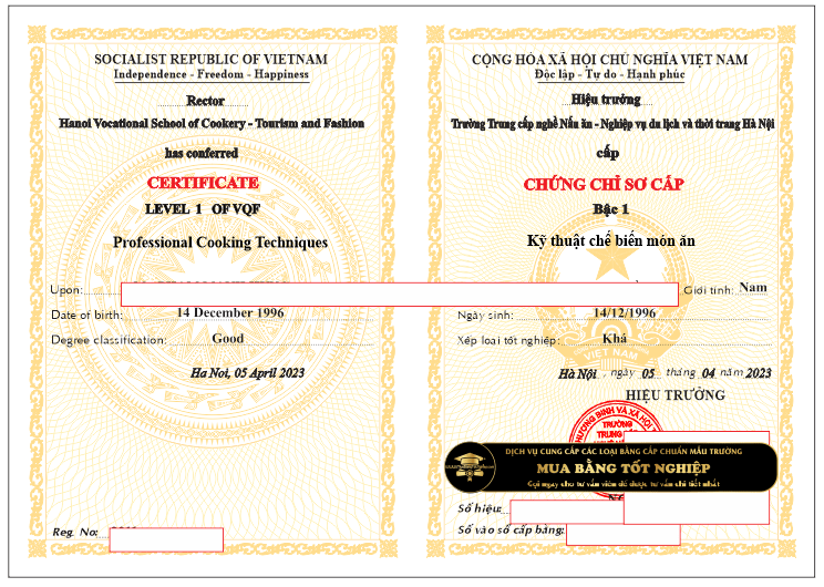 Mua chứng chỉ kỹ thuật chế biến món ăn trường Trung cấp nghề nấu ăn - nghiệp vụ du lịch và thời trang Hà Nội