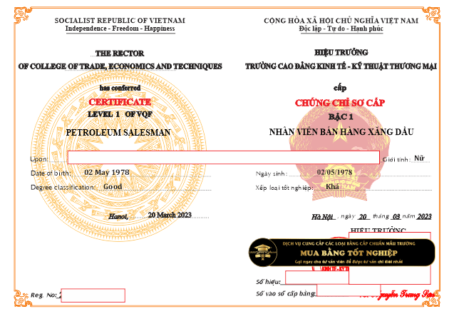 Chứng chỉ sơ cấp nghề nhân viên bán xăng dầu cho khách hàng cần mua tham khảo