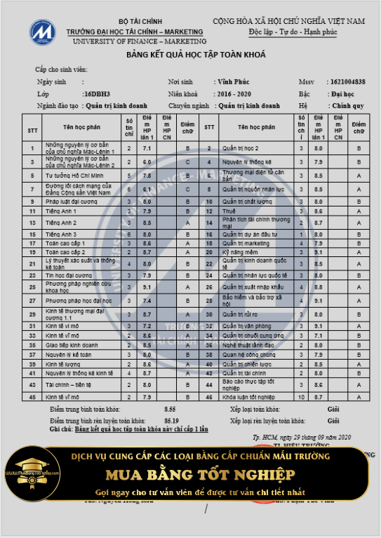 Dịch vụ làm bằng ĐH Tài chính Marketing (UFM) ngành Quản trị kinh doanh