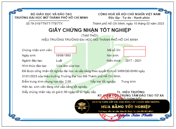 Giấy chứng nhận tốt nghiệp ĐH Mở TpHCM, một loại giấy tờ không thể thiếu trong bộ hồ sơ xin việc.