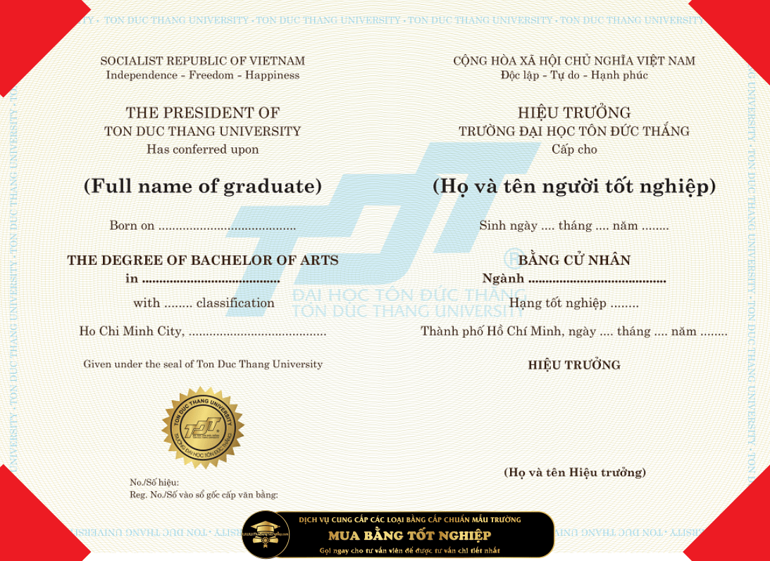 Mẫu bằng cử nhân chuẩn từ website cửa trường TON DUC THANG UNIVERSITY