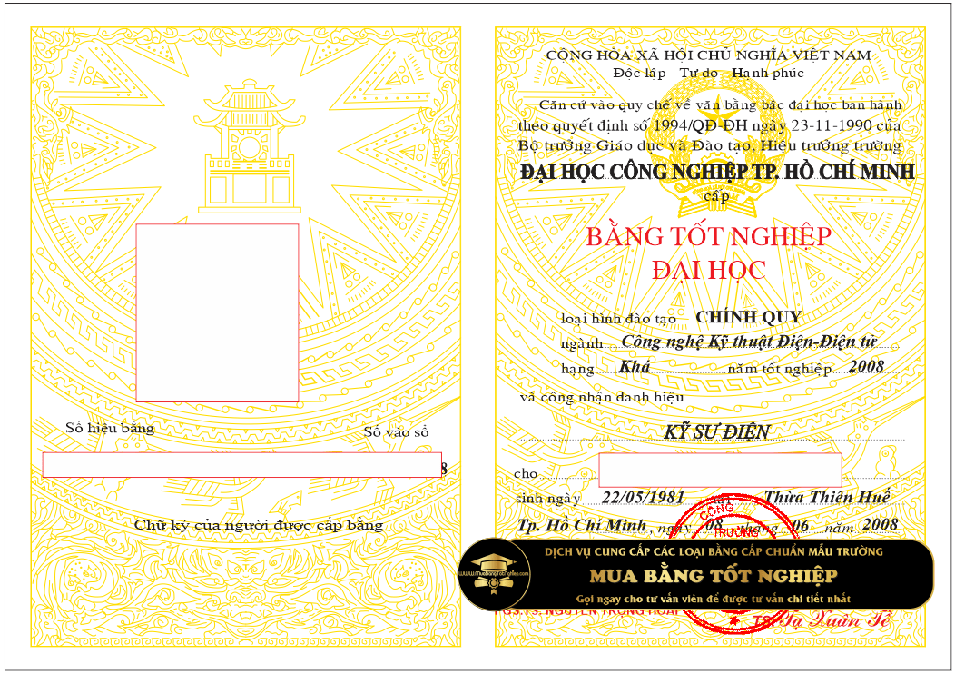 Mẫu bằng Đại học Công nghiệp TpHCM Cũ trước năm 2009