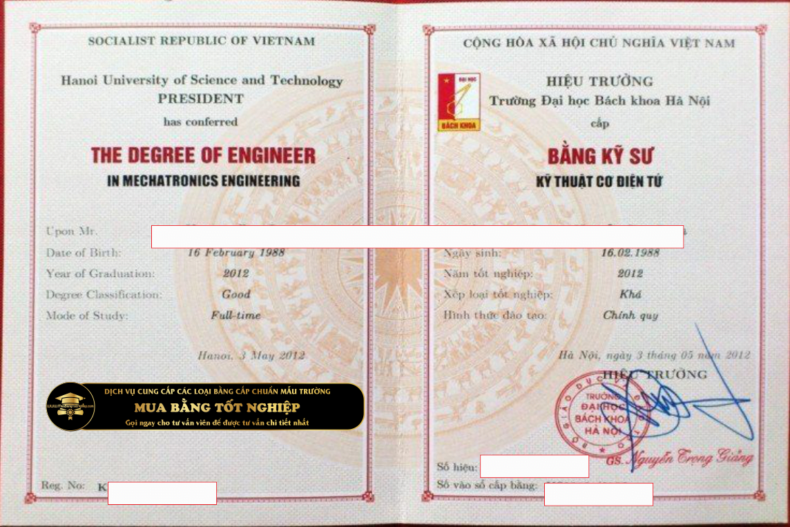 Mẫu bằng Kỹ sư cơ điện tử tại trường ĐH BKHN