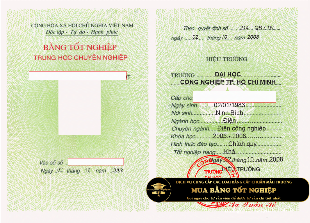 Mẫu bằng trung cấp trường Đại học Công nghiệp thành phố Hồ Chí Minh