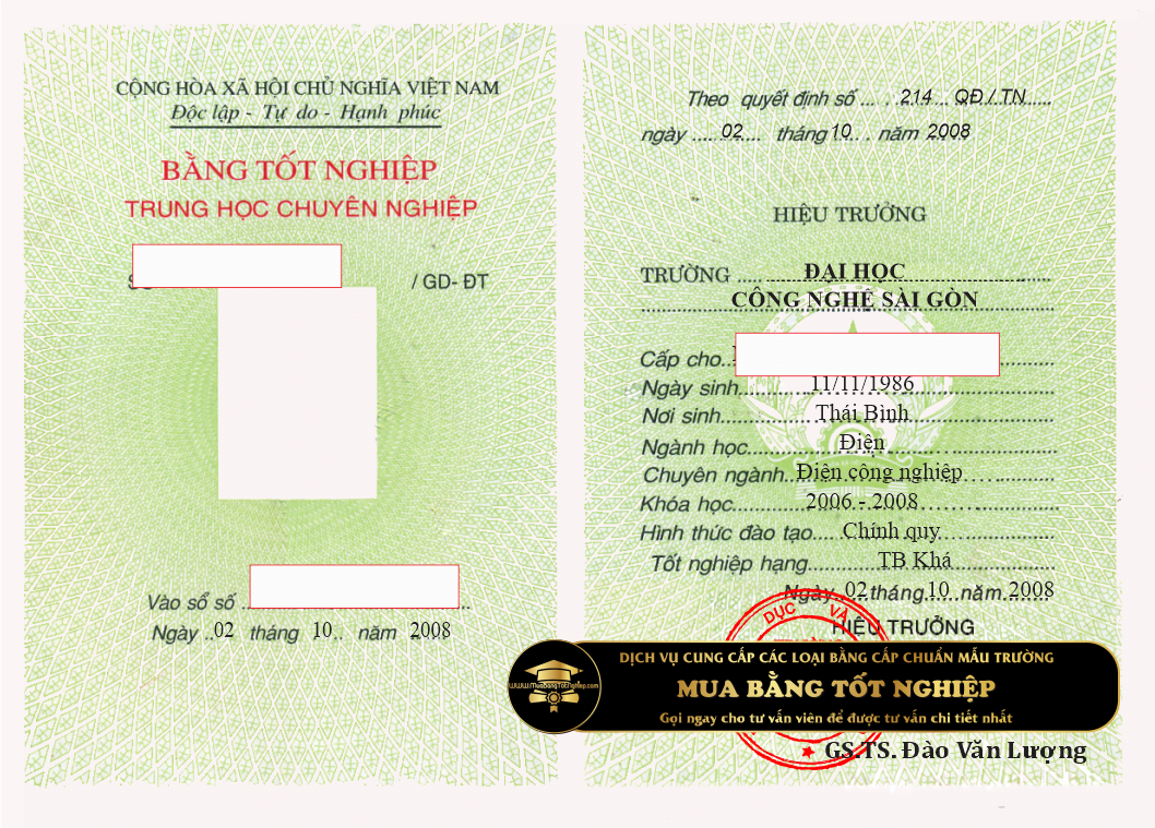 Mẫu bằng trung cấp của trường ĐH Công nghệ Sài Gòn (STU) mẫu bằng trung cấp năm 2008