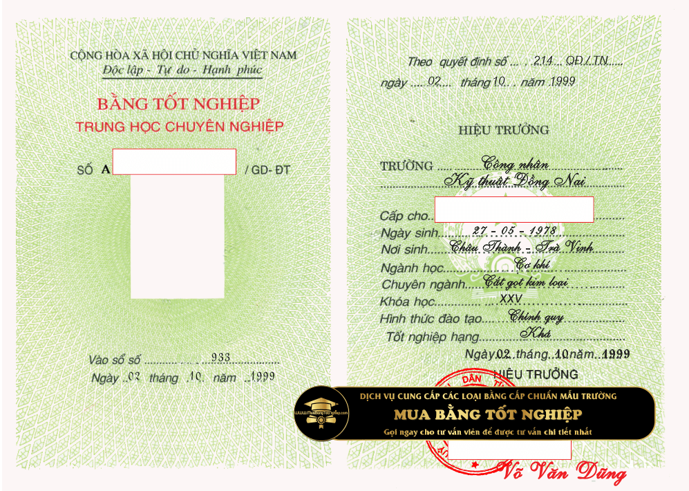 Mẫu bằng cũ của trường cao đẳng kỹ thuật ĐN